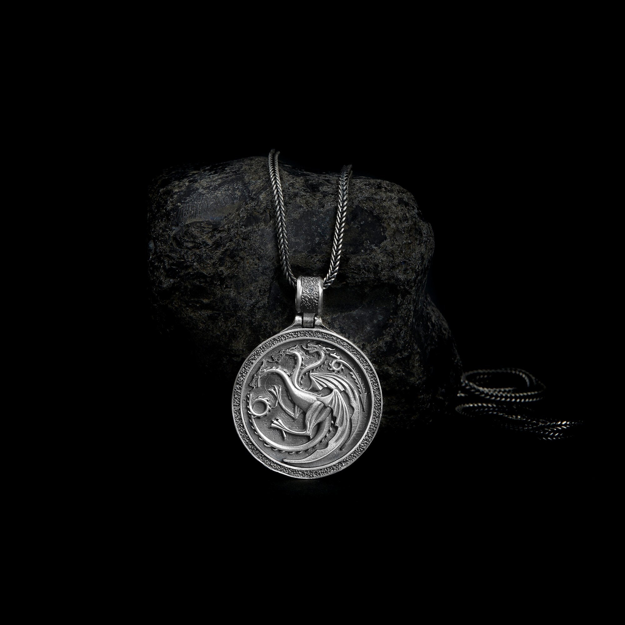 DROGON NECKLACE Black Braided Leather Necklace with Steel Dragon Beads