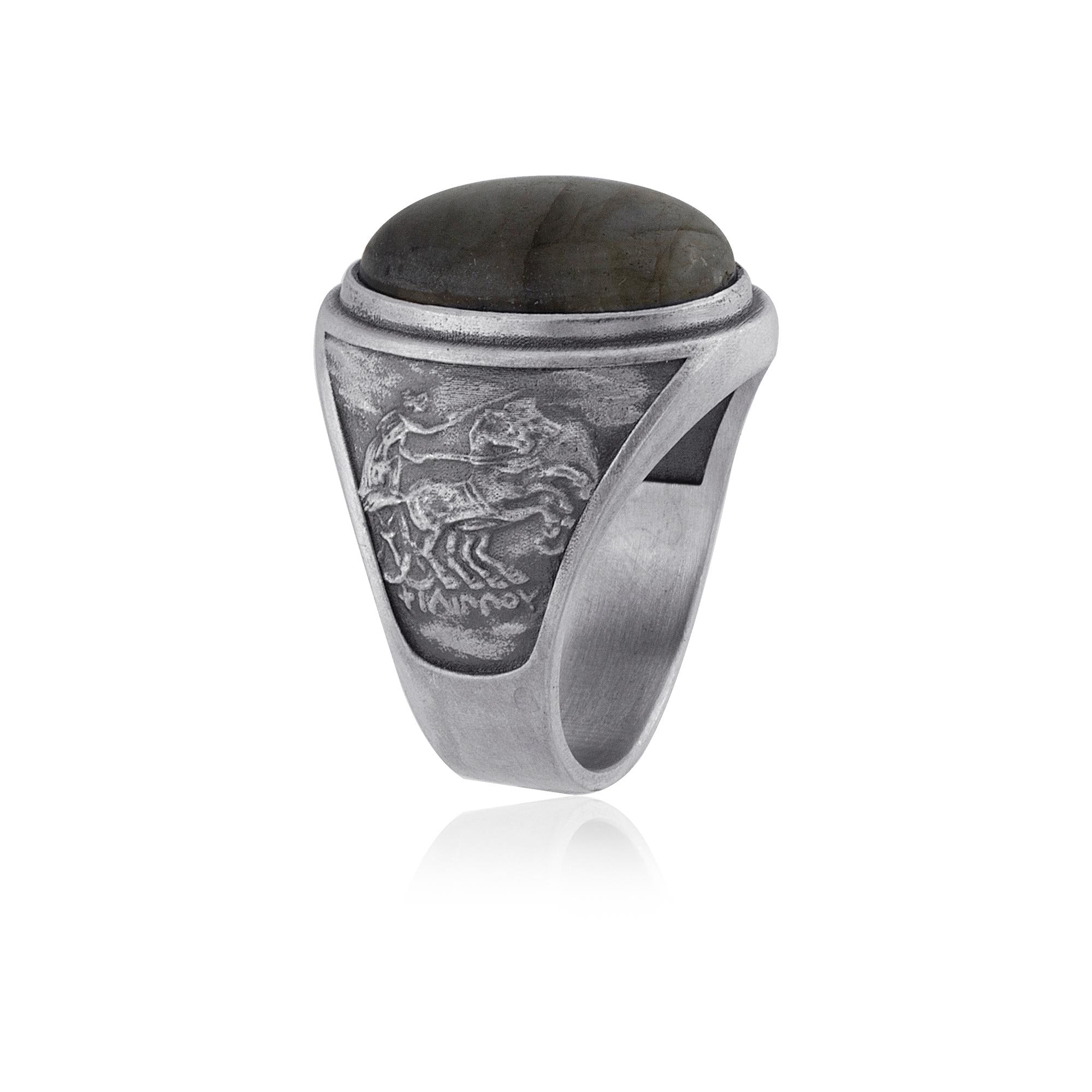 Philip II Signet Ring with Labradorite, Handmade Sterling Silver Ring, Chariot and King Relief, Historical Men’s Jewelry, Royal Ring Gift