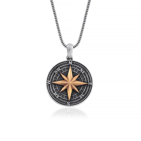 Compass North Star Necklace, Compass Pendant, Compass, Silver and Bronze Pendant Men, Compass, Northstar, Medallion, Northstar Necklace