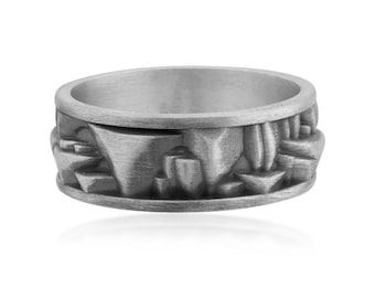 Brutalist Crystal Ring, 925 Sterling Silver Geometric Strength Statement Band