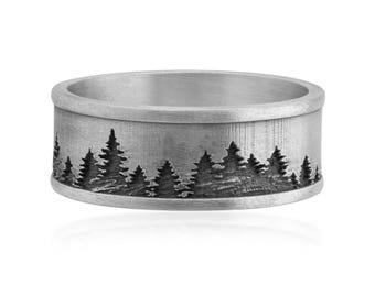 Pine Forest Ring, 925 Sterling Silver Evergreen Nature Band