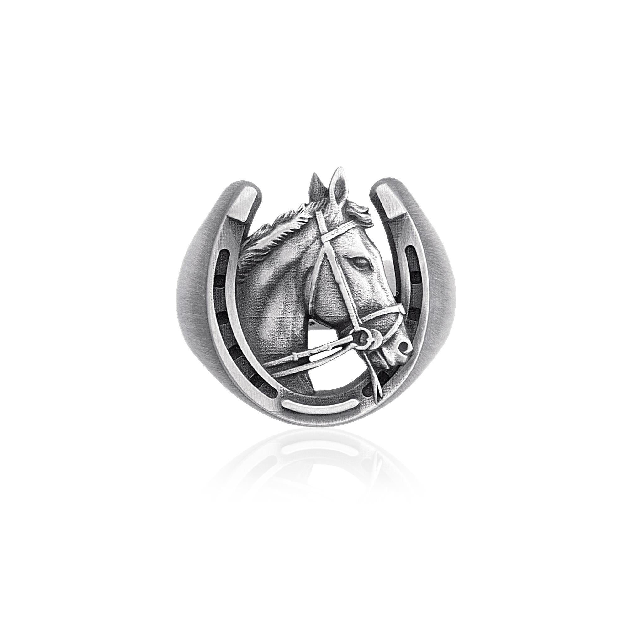 Horseshoe and Horse Head Ring, 925 Sterling Silver Lucky Cowboy