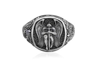 Archangel Justice Ring, 925 Sterling Silver Guardian Sword Signet Ring