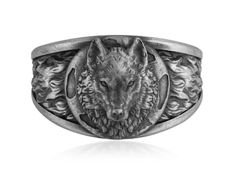 Wolf Ring, 925 Sterling Silver Guardian Animal Signet Ring for Men