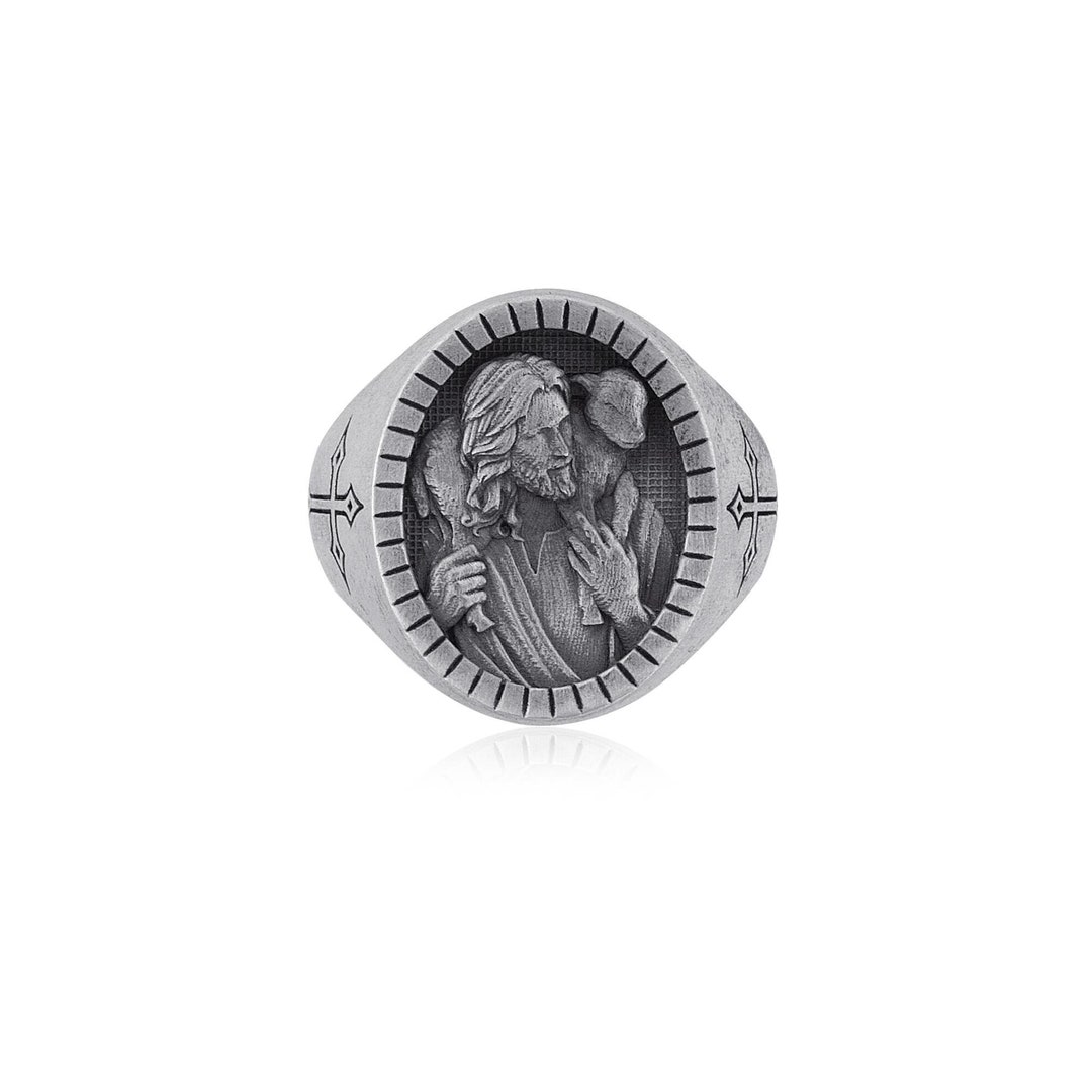 Jesus the Good Shepherd Signet Rings, Silver Christian Ring, Men ...