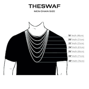 May include: Diagram illustrating men's chain sizes, ranging from 18 inches (46cm) to 30 inches (76cm). The image features a black silhouette of a person wearing a chain, with text indicating the length of each chain.