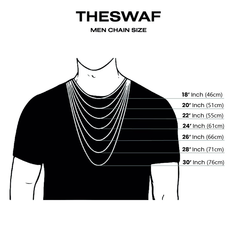 May include: Diagram illustrating men's chain sizes, ranging from 18 inches (46cm) to 30 inches (76cm). The image features a black silhouette of a person wearing a chain, with text indicating the length of each chain.