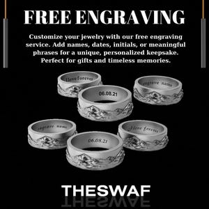 May include: Five silver rings with mountain range designs. Each ring has a different inscription: "love forever", "engrave name", "06.08.21", "engrave name", and "love forever".