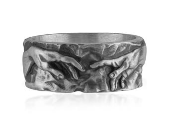 Hands of Creation Ring, 925 Sterling Silver Sculptural Band, Connection Jewelry