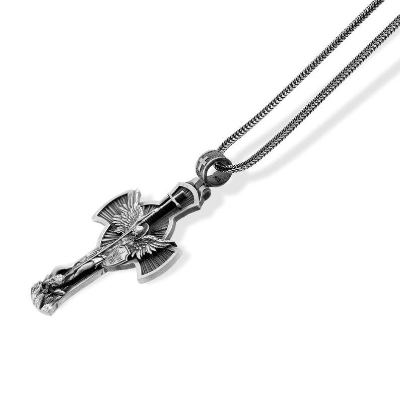 Cross Saint Michael Archangel Necklace, Archangel Michael, Christian Pendant, Husband Gift Pendant, Orthodox Men Pendant, Silver Necklace image 3