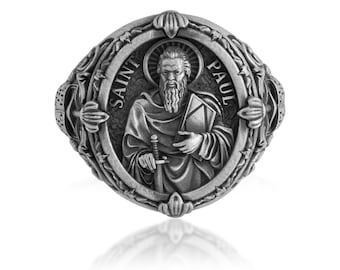 Saint Paul Apostle Ring, 925 Sterling Silver Christian Signet, Faith Gift for Him