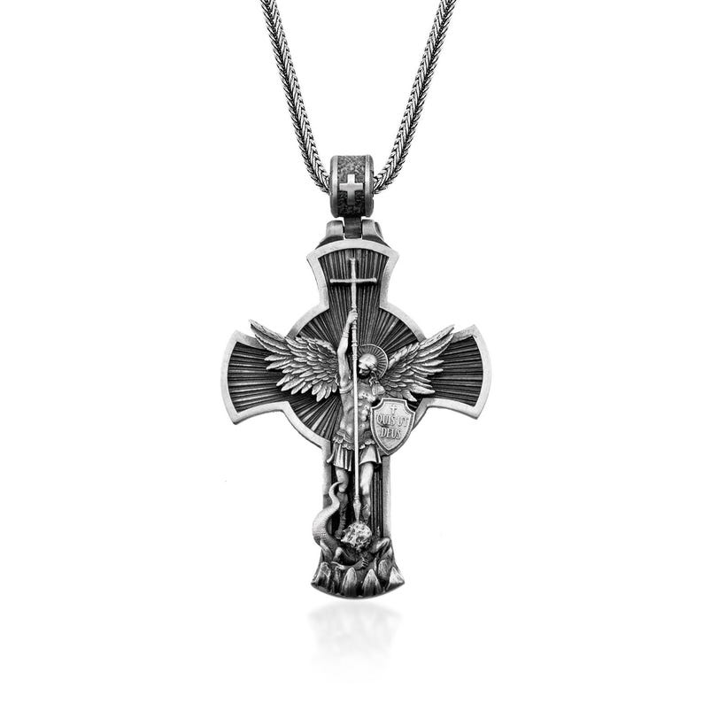 Cross Saint Michael Archangel Necklace, Archangel Michael, Christian Pendant, Husband Gift Pendant, Orthodox Men Pendant, Silver Necklace image 1