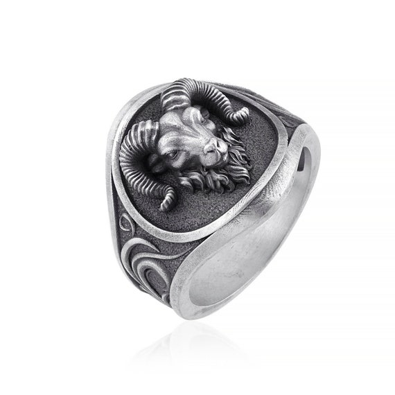 Men's Polished 925 Sterling Silver Aries Ram Head Zodiac Sign Ring - Handmade Band For March 21 - April 19 - View #2