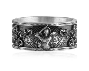 Guardian Archangel Ring, 925 Sterling Silver Sword Protection Signet Ring