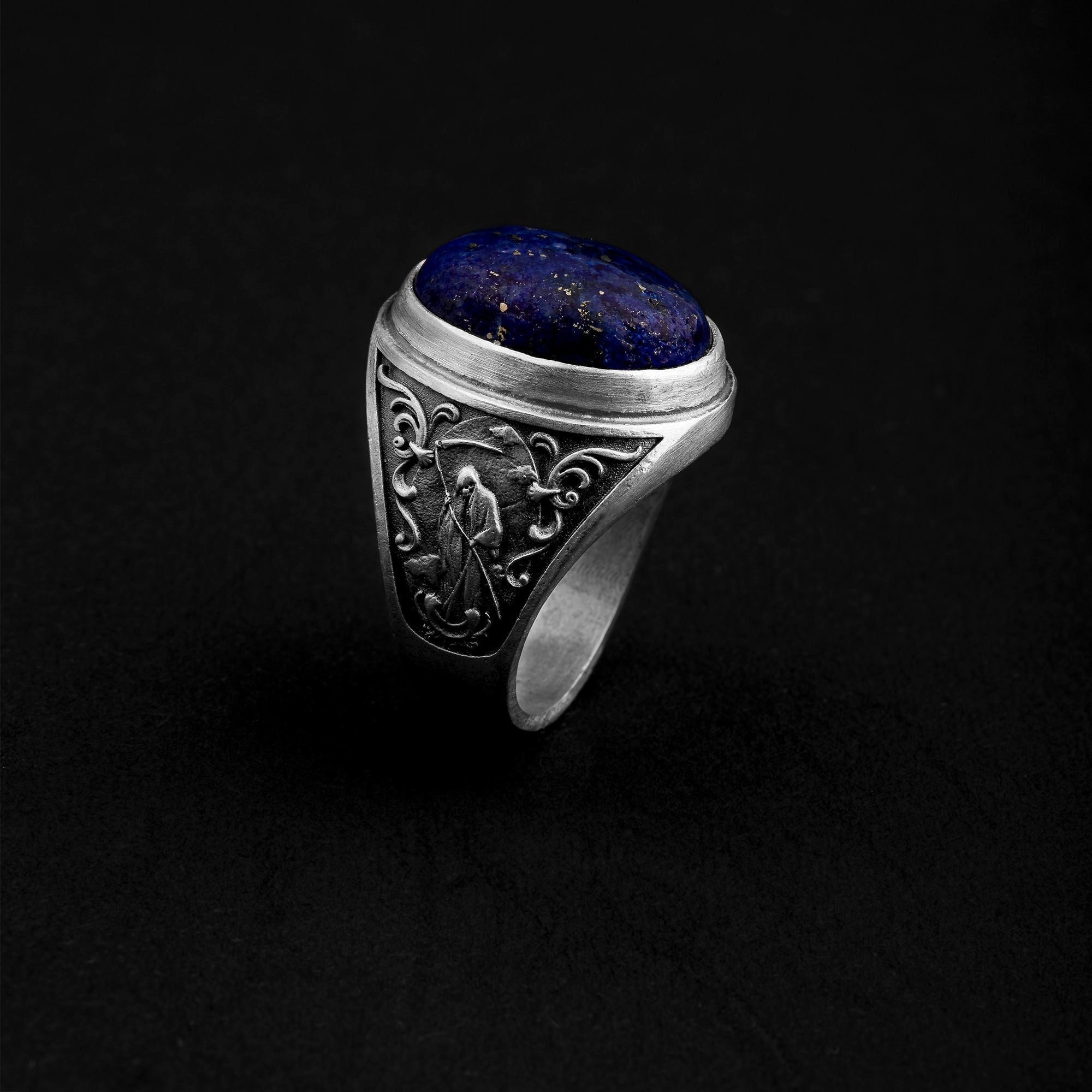 Lapis Lazuli Life and Death Ring, Double-Sided Grim Reaper Angel Ring, Sterling Silver Gothic Ring, Blue Gemstone Ring for Men, Gift For Him
