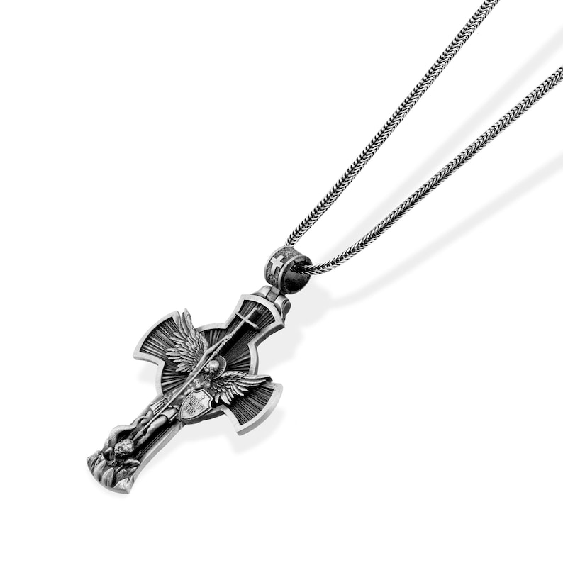 Cross Saint Michael Archangel Necklace, Archangel Michael, Christian Pendant, Husband Gift Pendant, Orthodox Men Pendant, Silver Necklace image 2