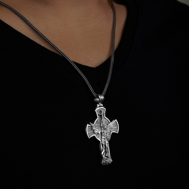 Cross Saint Michael Archangel Necklace, Archangel Michael, Christian Pendant, Husband Gift Pendant, Orthodox Men Pendant, Silver Necklace Archangel Michael Christian Medallion Husband Gift Pendant Orthodox Men Pendant St Michael Christian Accessory H