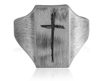 Minimalist Cross Ring, 925 Sterling Silver Christian Faith Signet Ring