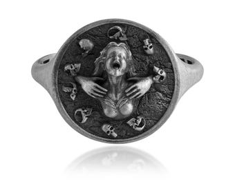 Memento Mori Fear Ring, 925 Sterling Silver Gothic Skull Statement Ring