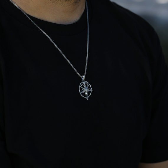 Silver Pentagram With Skull Necklace, Goat Head on Pentagram 