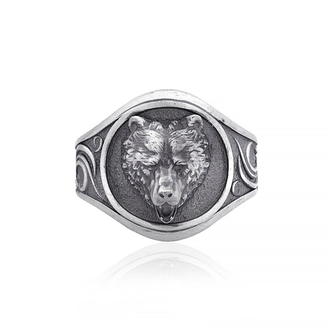 Sterling Silver Bear Signet Ring, Viking Animal Ring for Men, Handmade ...