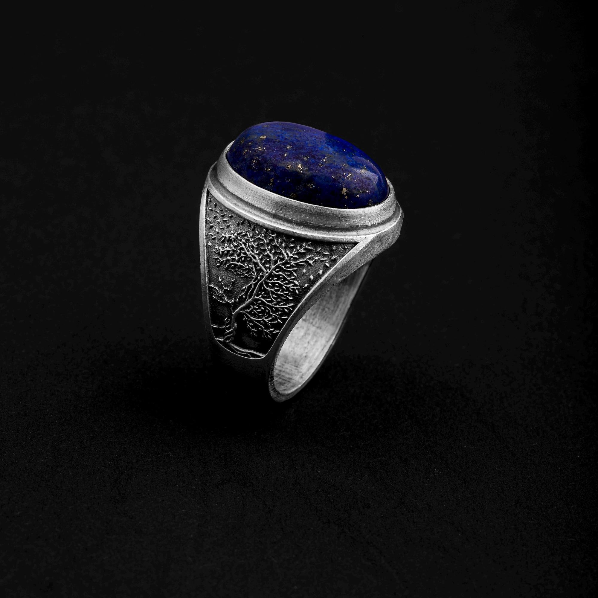Lapis Lazuli Tree of Life Ring, Silver Gemstone Men’s Ring, Norse Viking Jewelry, Celtic Promise Ring, Handmade Nature Jewelry, Gift For Him
