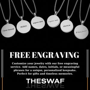 May include: Silver-colored round pendant necklaces with engraved text. The text includes phrases like "I love forever" and dates. The image also displays the text "FREE ENGRAVING" and "THESWAF".