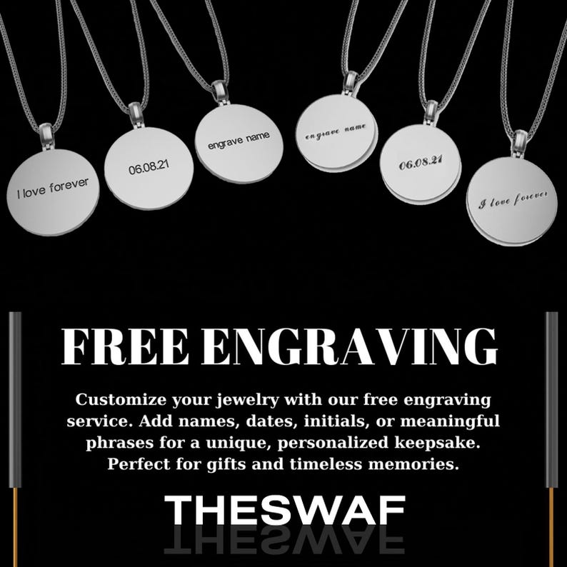 May include: Silver-colored round pendant necklaces with engraved text. The text includes phrases like "I love forever" and dates. The image also displays the text "FREE ENGRAVING" and "THESWAF".