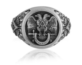 Scottish Rite 32nd Degree Ring, 925 Sterling Silver Masonic Double Eagle Signet