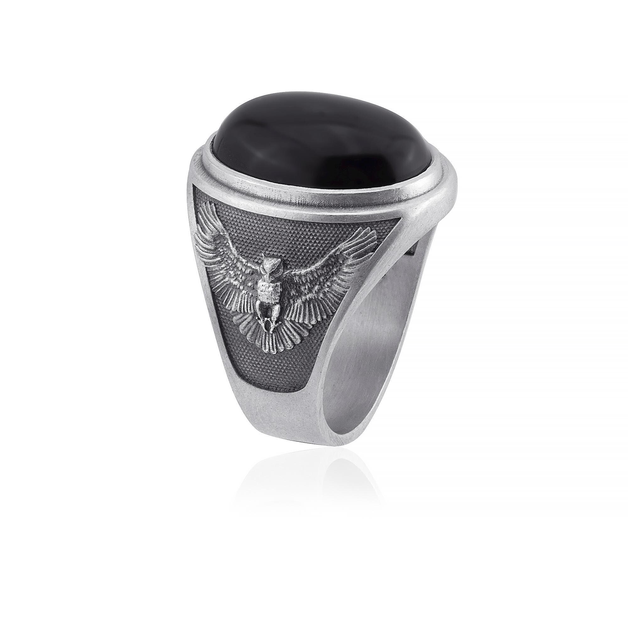 Onyx With Owl Men Silver Ring, Black Onyx Owl Pinky Ring, Onyx Signet Ring, Oxidized Silver Men Jewe