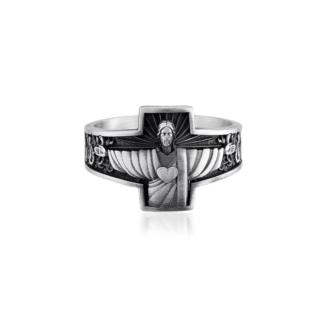 Blessed Savior Heart Ring, Sacred Heart Jesus Ring, Cross Ring for Men ...