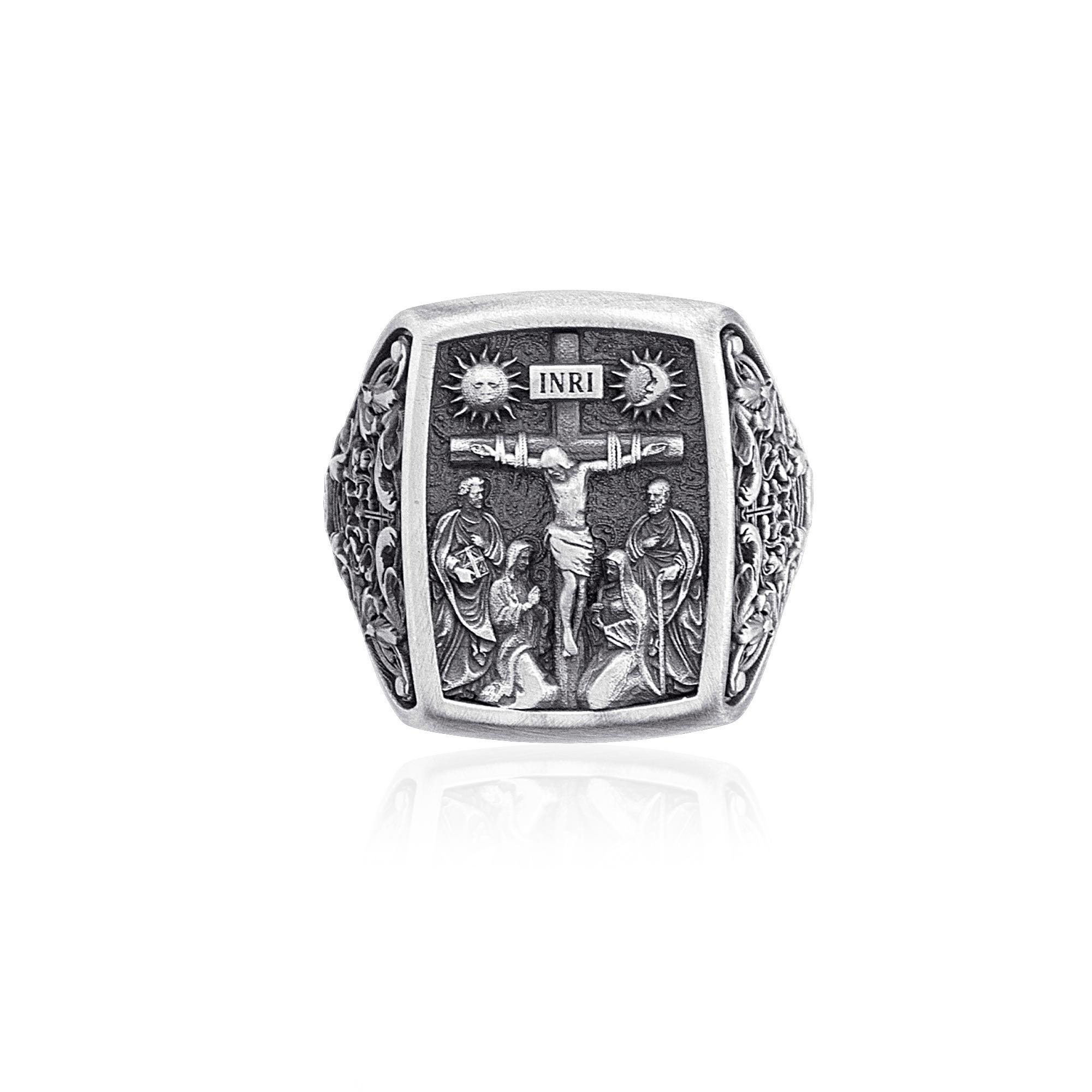 Crucifixion Silver Ring, Jesus Christ Signet, Religious Statement Ring, Christian Jewelry for Men, Faith-Based Gift, 925 Sterling Silver