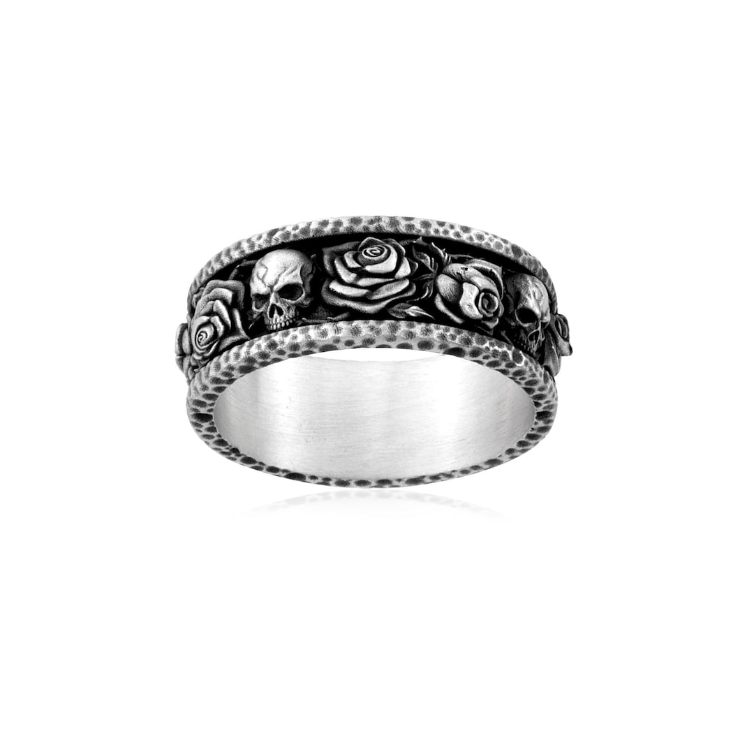 Skull And Roses Rings Skull and Rose Silver Ring, Gothic Floral Band Ring for Men, Handmade ...