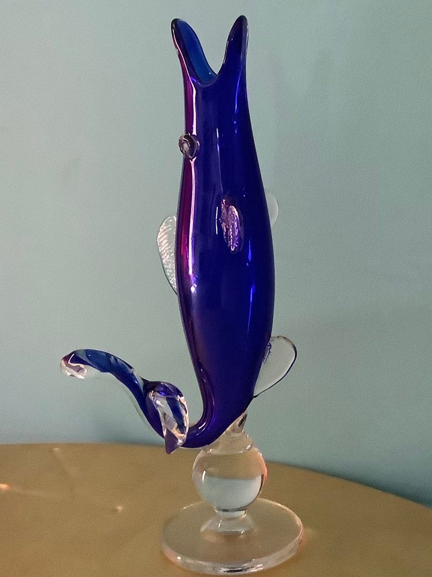 Midcentury Blue Glass Fish Vase Vintage Art 1960s Etsy