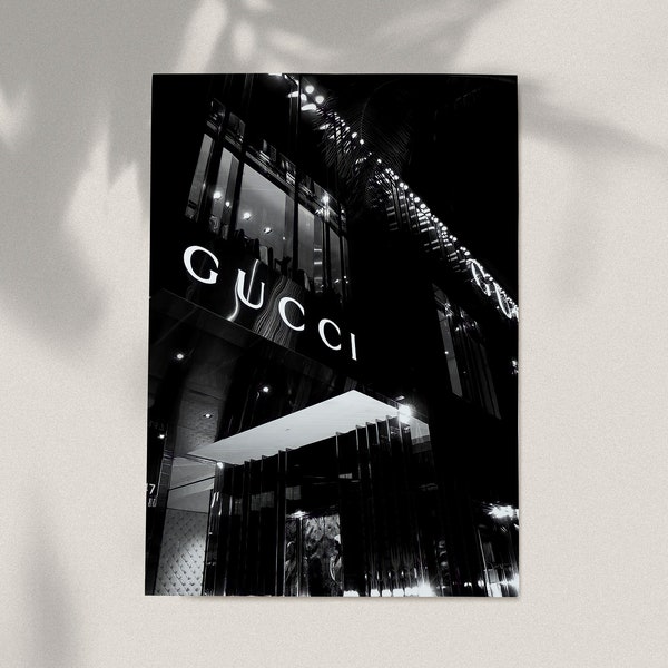 Download digitale di moda Gucci • Stampa del negozio del marchio di lusso • Fronte del negozio Gucci Decorazioni da parete in bianco e nero • Vetrina del negozio GUCCI