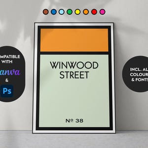 Nom de rue et numéro de maison personnalisés Monopoly en téléchargement numérique sur toile et/ou PSD • Parfait pour une pendaison de crémaillère ou un cadeau de Noël • Jeu de société personnalisé