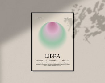 Poster zodiacale Bilancia • Decorazione del segno zodiacale • Stampe dell'aura zodiacale • Regali del segno zodiacale • Aure sfumate • Astrologia Wall Art