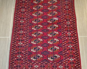 Turkoman tribal rug 2'11x4' hand knotted wool on cotton foundation