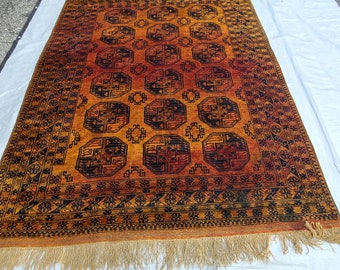 Hand Knotted Coral Afghan, Golden Afghan rug Veggie dye size is 8'9"x7'1"