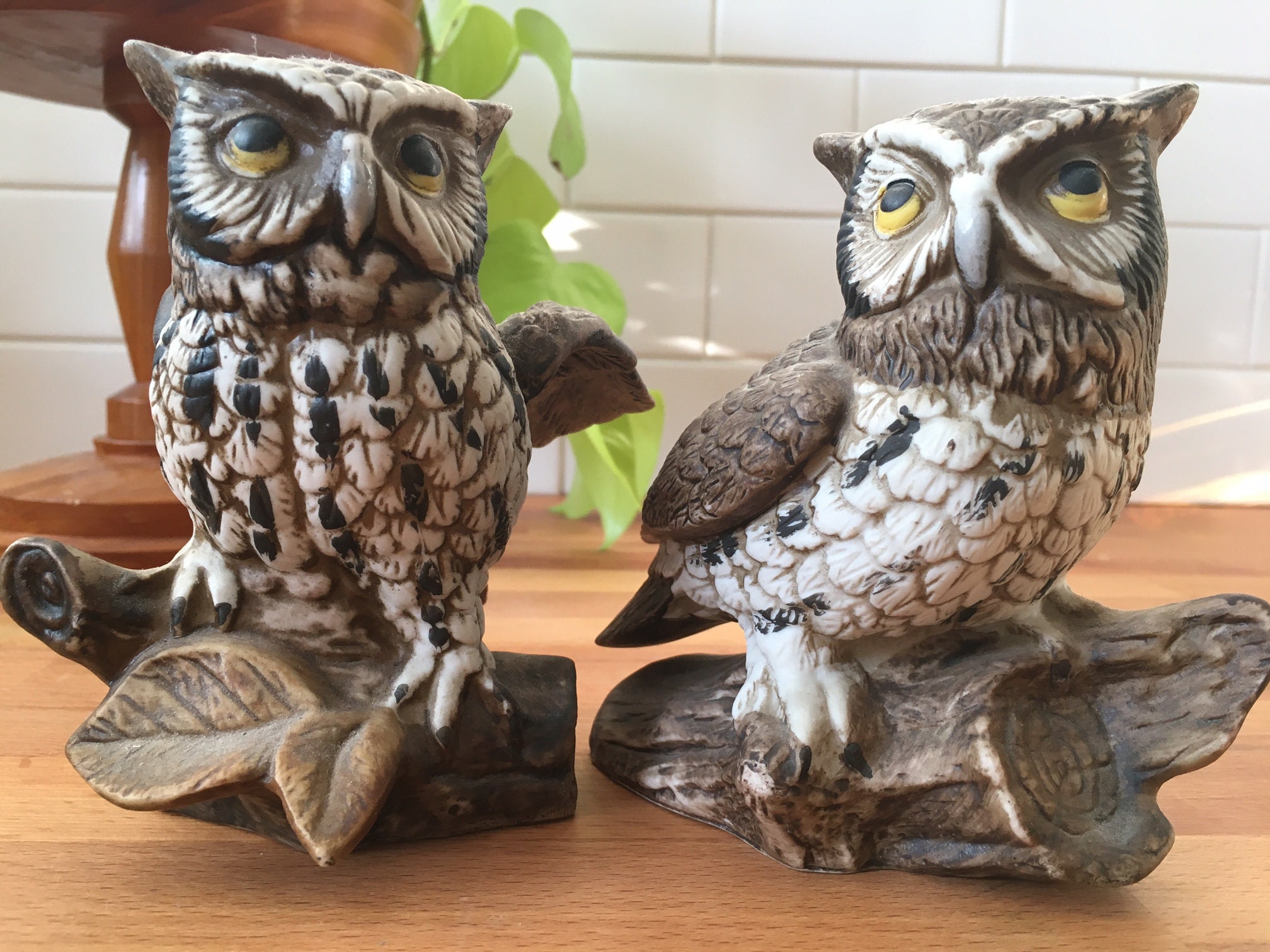 Vintage HOMCO Ceramic Horned Owl Figurines - 1970s Pair