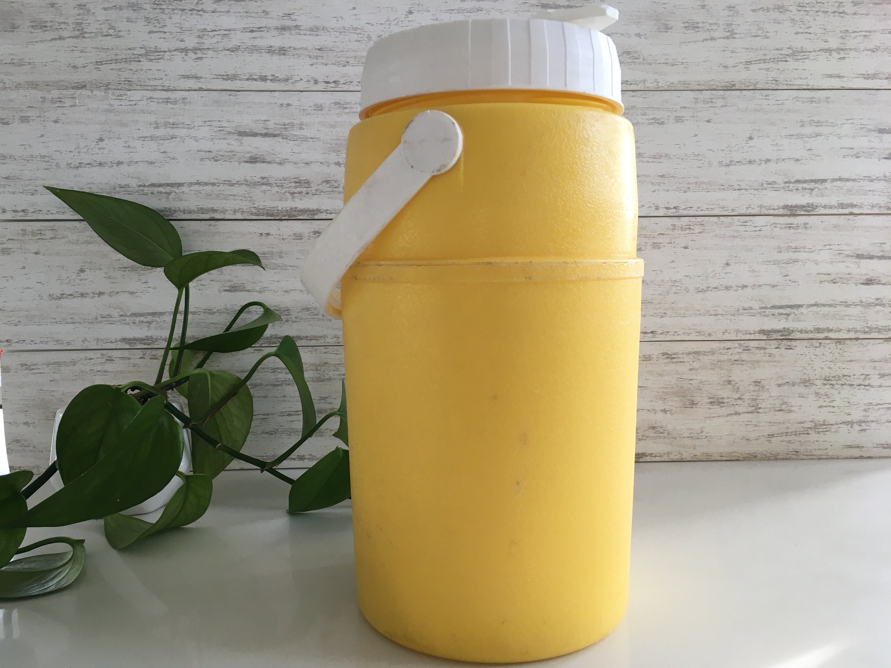 Vintage 70s Wide Mouth Thermos Model #6402 One Quart Size Yellow Beiges EUC