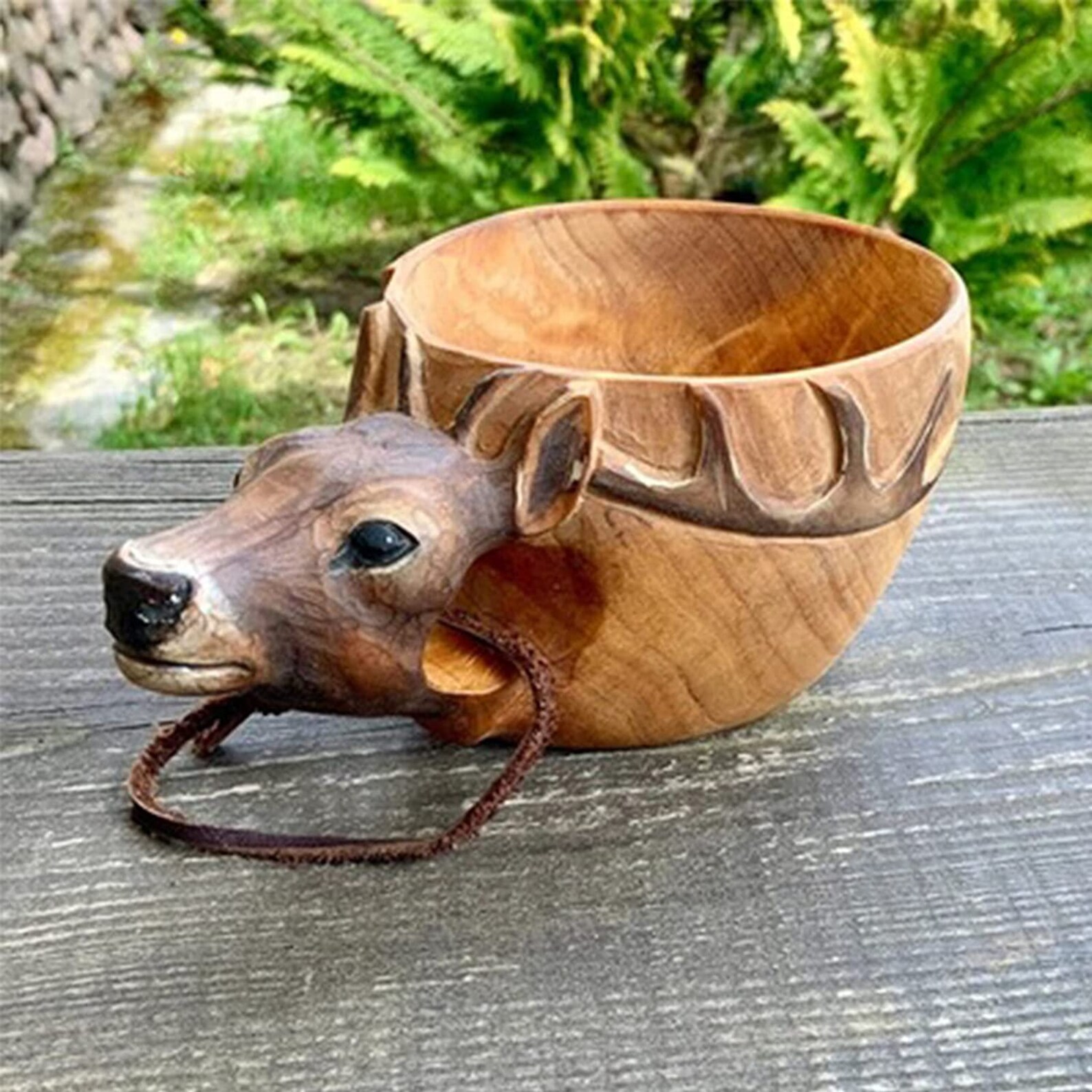Animals Head Image Cup Hand Carved Wooden Mug with Leather Etsy