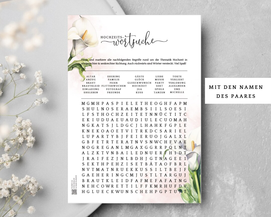 Wedding Game Crossword Puzzle With Names of the Bride and Groom