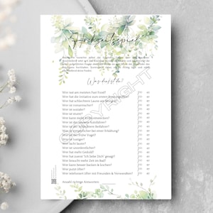 Hochzeitsspiel Braut oder Bräutigam, Hochzeitsspiel download zum selber ausdrucken, Hochzeit Spiele für das Brautpaar, Eukalyptus