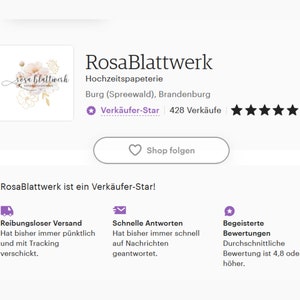 Puede incluir: Un logotipo para una empresa de papeler&iacute;a de boda llamada "RosaBlattwerk" con un dise&ntilde;o floral en tonos rosa y dorado. El logotipo est&aacute; sobre un fondo blanco. El texto "Verk&auml;ufer-Star" est&aacute; en morado e indica que el vendedor tiene una alta calificaci&oacute;n.