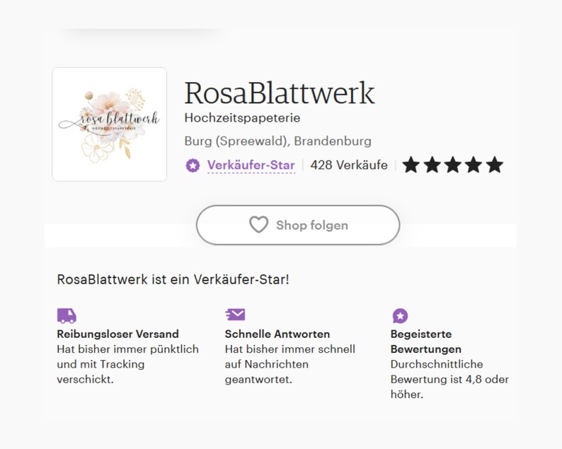 Puede incluir: Un logotipo para una empresa de papeler&iacute;a de boda llamada "RosaBlattwerk" con un dise&ntilde;o floral en tonos rosa y dorado. El logotipo est&aacute; sobre un fondo blanco. El texto "Verk&auml;ufer-Star" est&aacute; en morado e indica que el vendedor tiene una alta calificaci&oacute;n.
