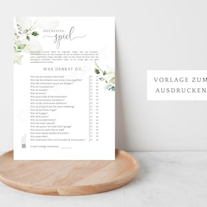 Hochzeitsspiel Braut oder Bräutigam, Hochzeitsspiel download zum selber ausdrucken, Hochzeit Spiele für das Brautpaar, Eukalyptus