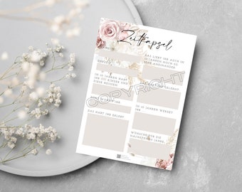 May include: A printable time capsule activity with a floral design. The text on the page reads "Zeitkapsel" which is German for "time capsule". The page includes prompts for the user to fill out, such as "In 10 years, what will your children's names be?" and "What have you learned?"