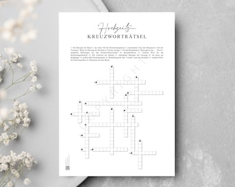 May include: A black and white printable wedding crossword puzzle with the title "Hochzeits-Kreuzworträtsel". The puzzle has 17 clues and 17 spaces to fill in.