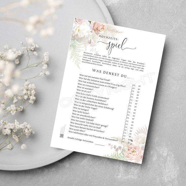 Wedding game bride or groom, wedding game to print out, wedding games for the bride and groom, boho wedding game, pink roses